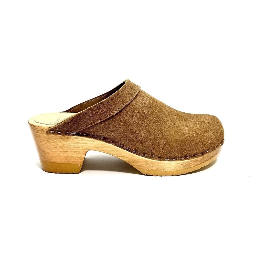 Vintage Y2K deadstock brown suede heeled wooden Swedish clogs